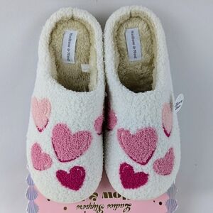 Hearts Slippers Sherpa Upper Fleece Memory Foam Slip On Ivory Pink XL (9/10) NWT